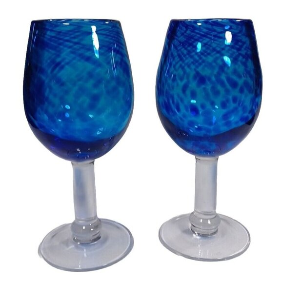 Handblown Thick Art Glass Cobalt Blue Confetti Wine Water Goblets Set of 2 8.5" - Picture 5 of 6